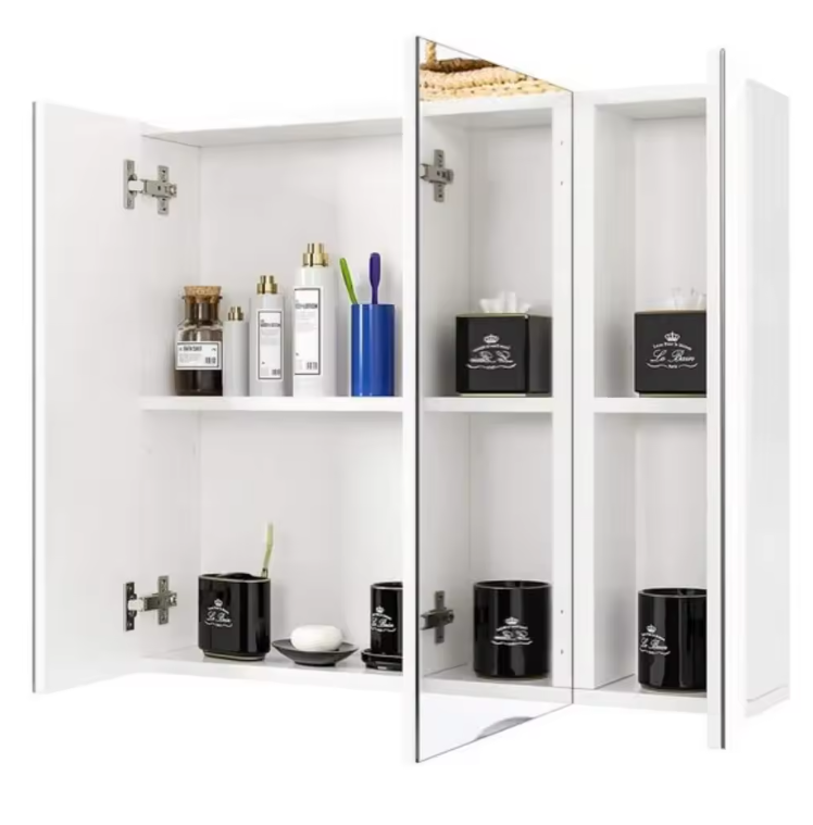 Witte Badkamer Spiegelkast – Wandkast met 3 Spiegeldeuren em Houten Opbergruimte