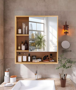 Bamboe Badkamerkast met Spiegel – Wandkast met Glazen Planken (55,5×16×61 cm)