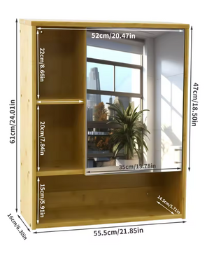 Bamboe Badkamerkast met Spiegel – Wandkast met Glazen Planken (55,5×16×61 cm)