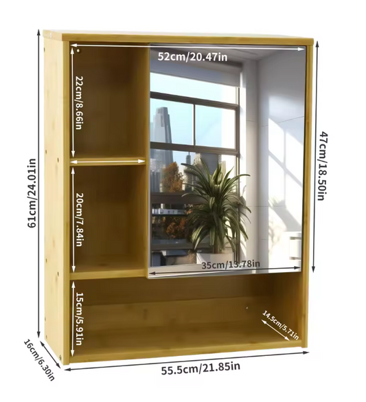 Bamboe Badkamerkast met Spiegel – Wandkast met Glazen Planken (55,5×16×61 cm)