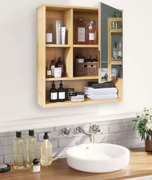 Bamboe Badkamerkast met Spiegel – Wandkast met Glazen Planken (55,5×16×61 cm)