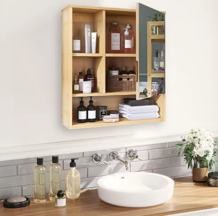 Bamboe Badkamerkast met Spiegel – Wandkast met Glazen Planken (55,5×16×61 cm)