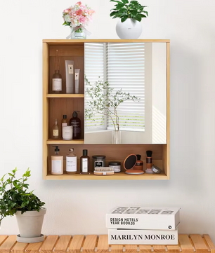 Bamboe Badkamerkast met Spiegel – Wandkast met Glazen Planken (55,5×16×61 cm)