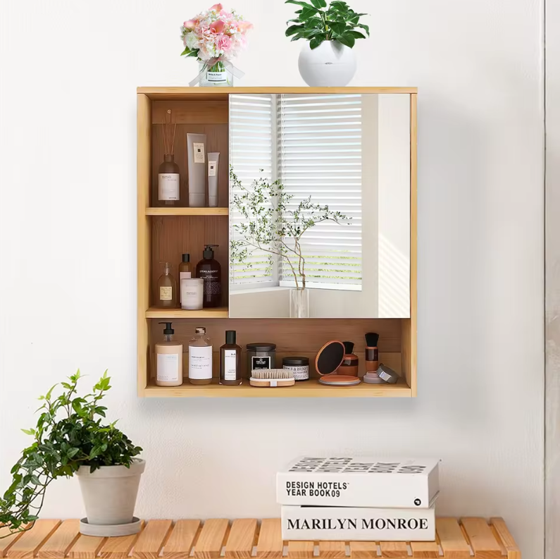 Bamboe Badkamerkast met Spiegel – Wandkast met Glazen Planken (55,5×16×61 cm)