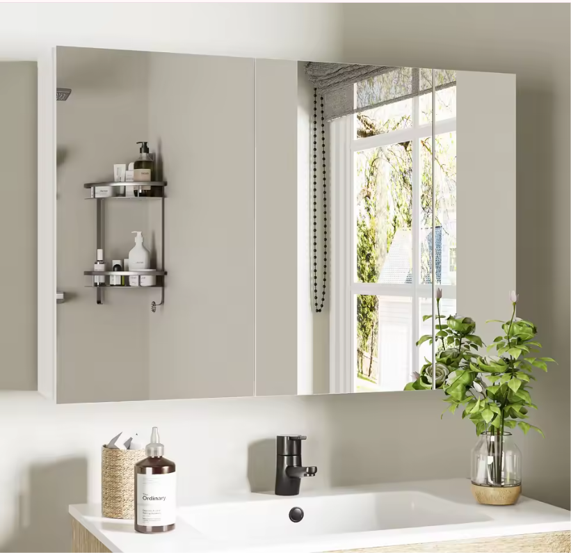 Witte Badkamer Spiegelkast – Wandkast met 3 Spiegeldeuren en Verstelbare Planken