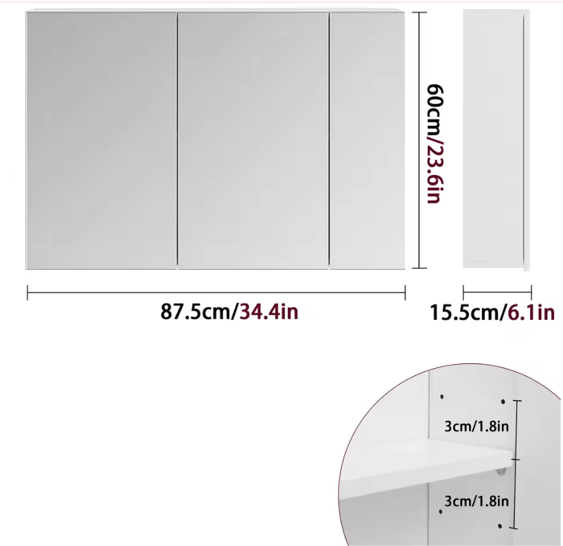 Witte Badkamer Spiegelkast – Wandkast met 3 Spiegeldeuren en Verstelbare Planken