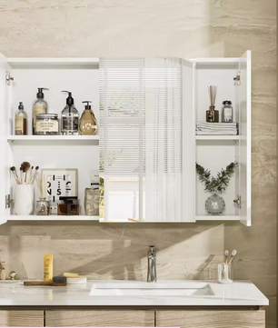 Witte Badkamer Spiegelkast – Wandkast met 3 Spiegeldeuren en Verstelbare Planken