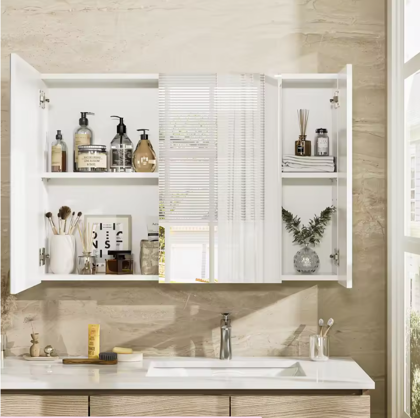 Witte Badkamer Spiegelkast – Wandkast met 3 Spiegeldeuren en Verstelbare Planken