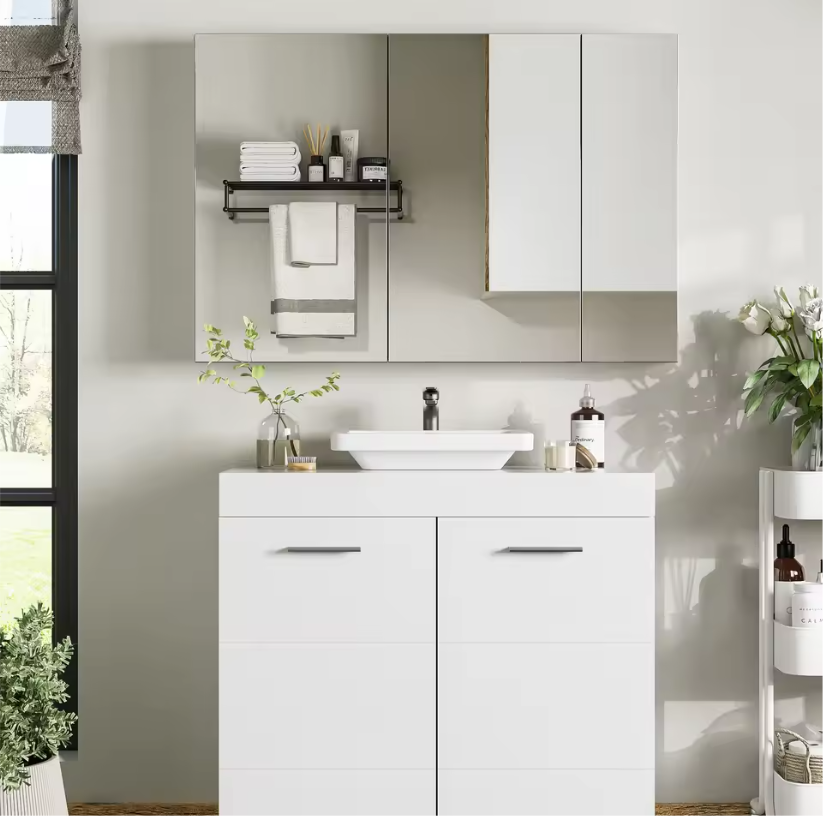 Witte Badkamer Spiegelkast – Wandkast met 3 Spiegeldeuren en Verstelbare Planken