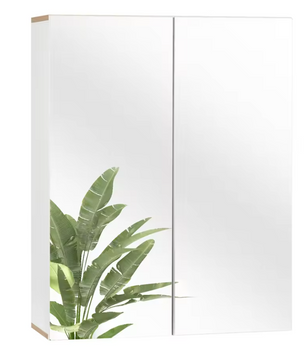 Badkamer Spiegelkast met Houten Accenten – Wandkast met Dubbele Deuren en Verstelbare Planken