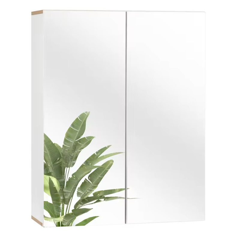 Badkamer Spiegelkast met Houten Accenten – Wandkast met Dubbele Deuren en Verstelbare Planken