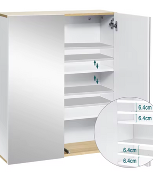 Badkamer Spiegelkast met Houten Accenten – Wandkast met Dubbele Deuren en Verstelbare Planken