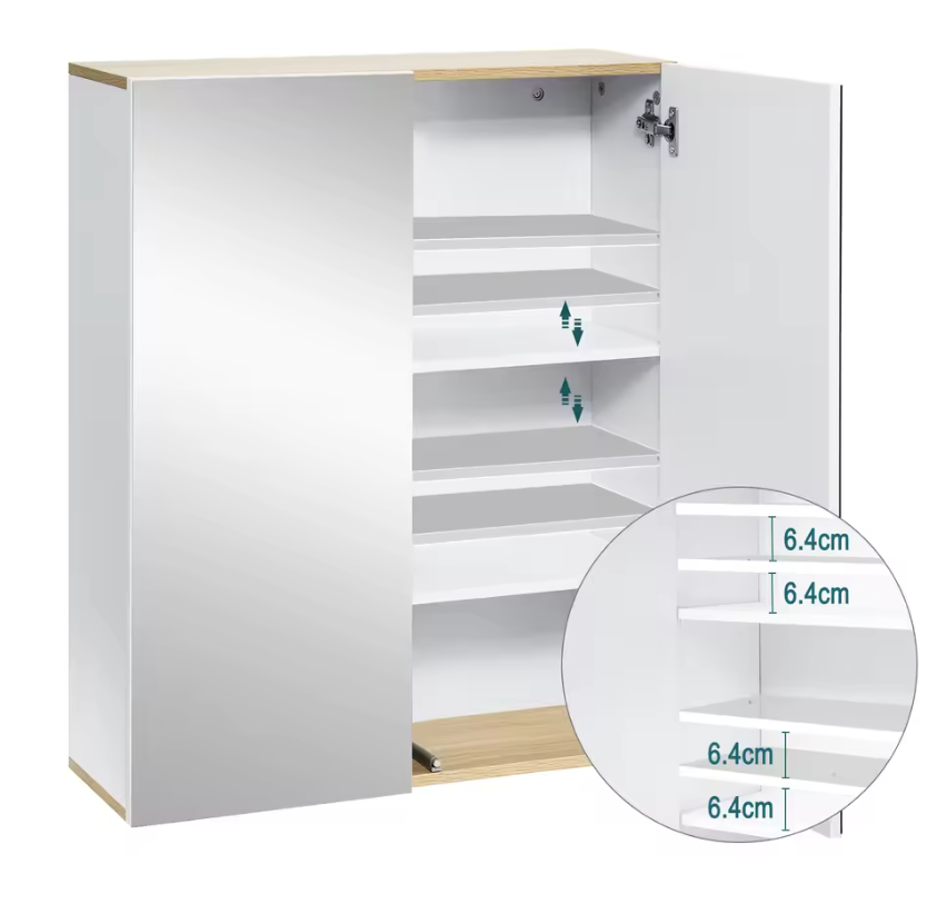 Badkamer Spiegelkast met Houten Accenten – Wandkast met Dubbele Deuren en Verstelbare Planken