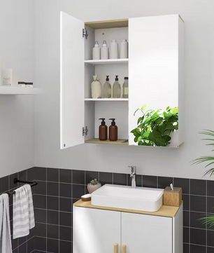 Badkamer Spiegelkast met Houten Accenten – Wandkast met Dubbele Deuren en Verstelbare Planken