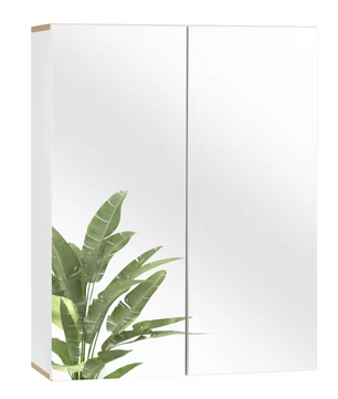 Badkamer Spiegelkast met Houten Accenten – Wandkast met Dubbele Deuren en Verstelbare Planken