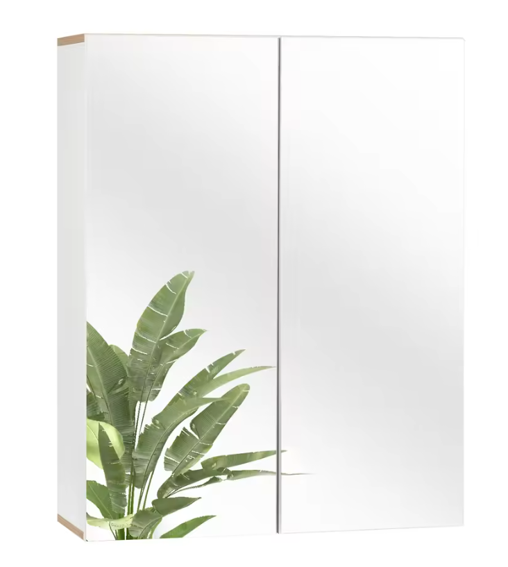 Badkamer Spiegelkast met Houten Accenten – Wandkast met Dubbele Deuren en Verstelbare Planken