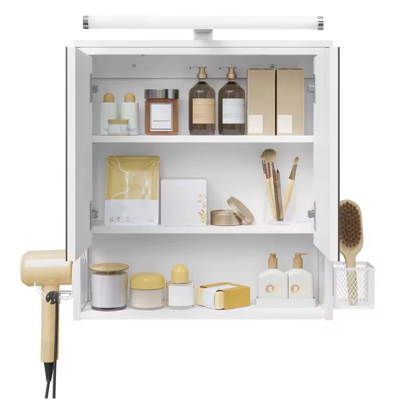 LED Badkamer Spiegelkast – Wandkast met Verstelbare Plank en Opbergbakken