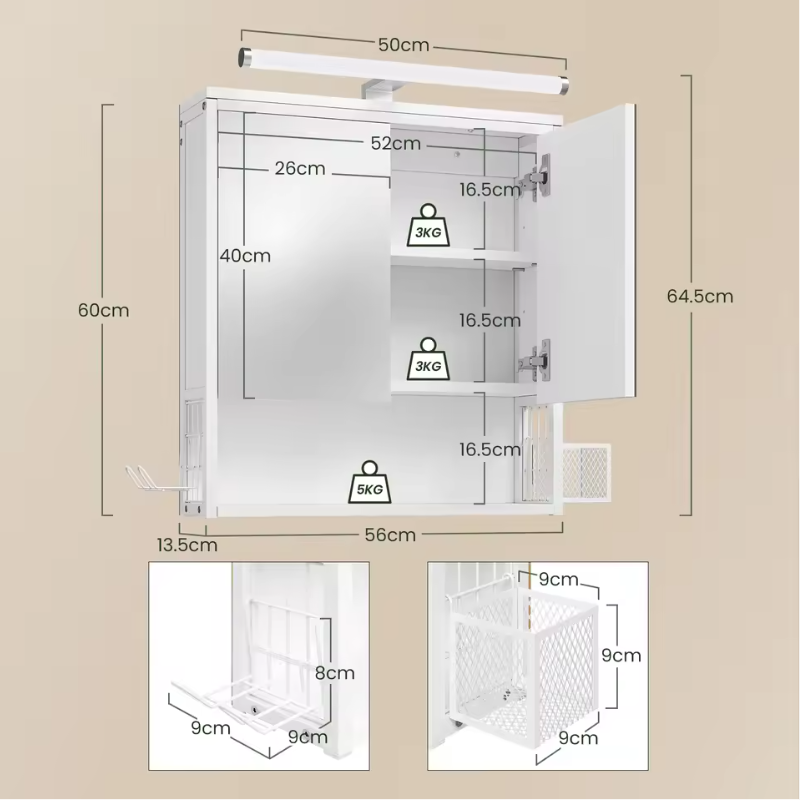 LED Badkamer Spiegelkast – Wandkast met Verstelbare Plank en Opbergbakken