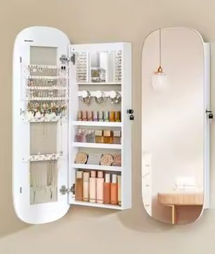 Wandgemonteerde Sieradenkast met Spiegel en LED-Verlichting – MDF, 108 cm