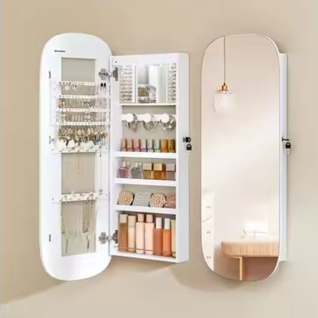 Wandgemonteerde Sieradenkast met Spiegel en LED-Verlichting – MDF, 108 cm