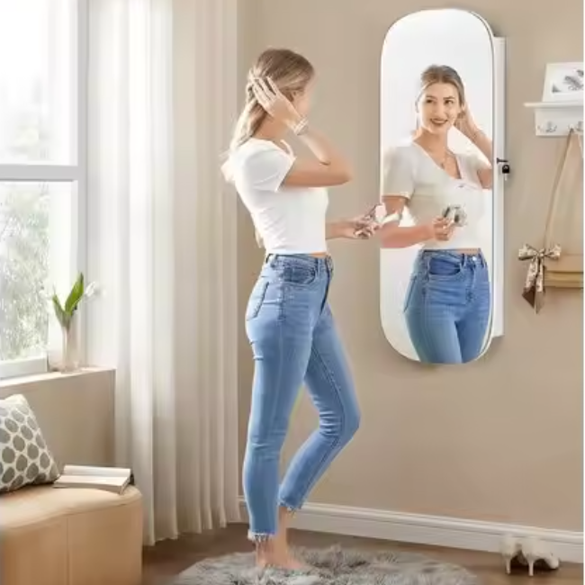 Wandgemonteerde Sieradenkast met Spiegel en LED-Verlichting – MDF, 108 cm