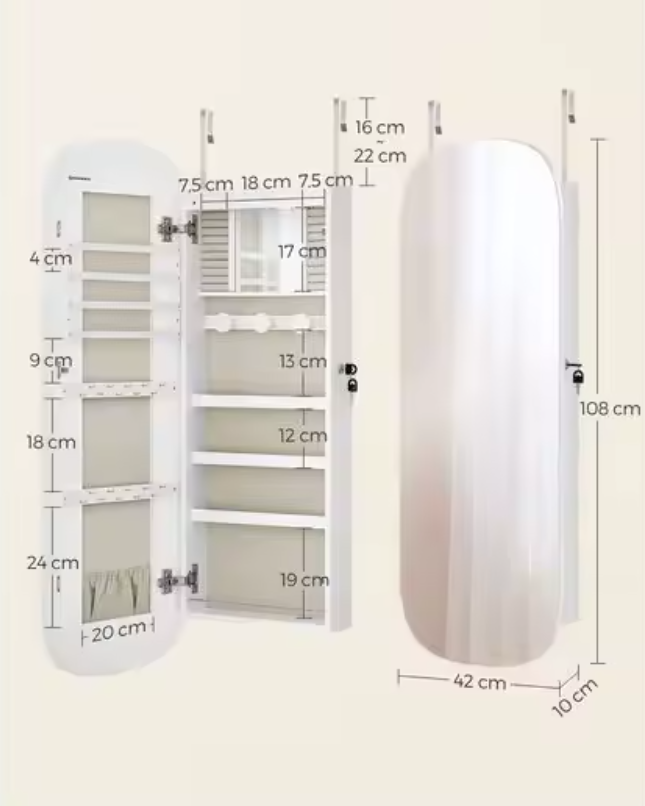 Wandgemonteerde Sieradenkast met Spiegel en LED-Verlichting – MDF, 108 cm
