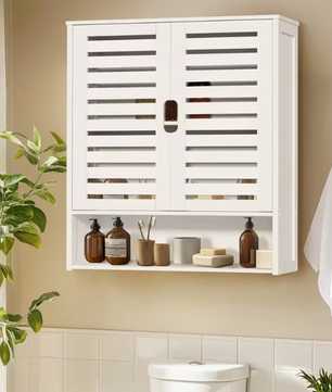 Bamboe Wandkast voor Badkamer – Dubbele Deuren en Opbergrekken, 59×20.5×66.5 cm