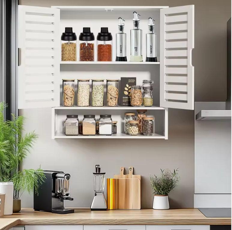 Bamboe Wandkast voor Badkamer – Dubbele Deuren en Opbergrekken, 59×20.5×66.5 cm