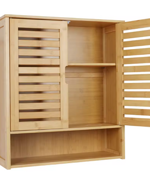 Bamboe Wandkast voor Badkamer – Dubbele Deuren en Opbergrekken, 59×20.5×66.5 cm