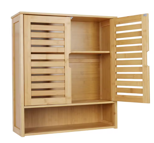 Bamboe Wandkast voor Badkamer – Dubbele Deuren en Opbergrekken, 59×20.5×66.5 cm