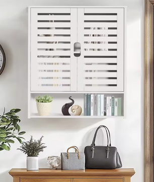 Bamboe Wandkast voor Badkamer – Dubbele Deuren en Opbergrekken, 59×20.5×66.5 cm