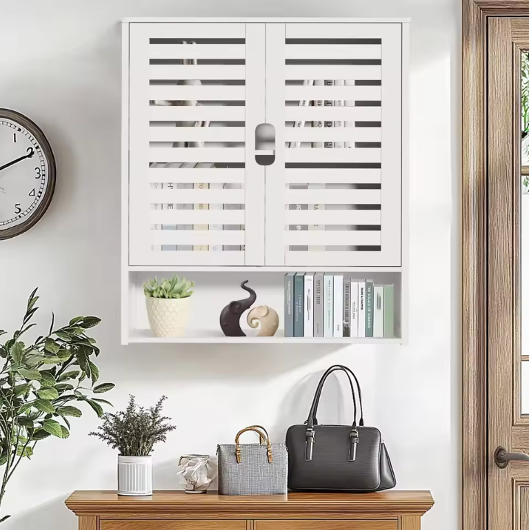 Bamboe Wandkast voor Badkamer – Dubbele Deuren en Opbergrekken, 59×20.5×66.5 cm