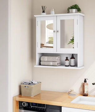 Witte Badkamerkast met Spiegel – Wandkast met Verstelbare Plank en Open Opbergvak