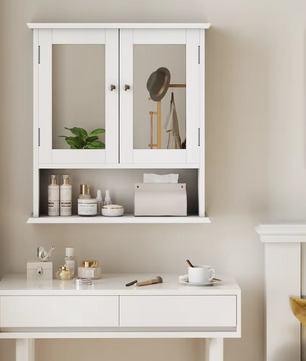 Witte Badkamerkast met Spiegel – Wandkast met Verstelbare Plank en Open Opbergvak