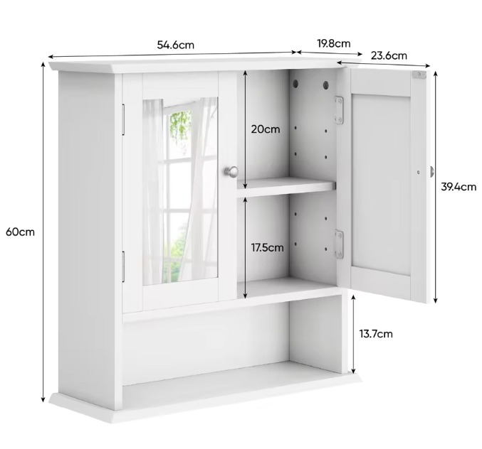 Witte Badkamerkast met Spiegel – Wandkast met Verstelbare Plank en Open Opbergvak