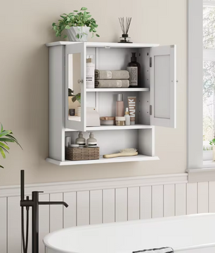 Witte Badkamerkast met Spiegel – Wandkast met Verstelbare Plank en Open Opbergvak