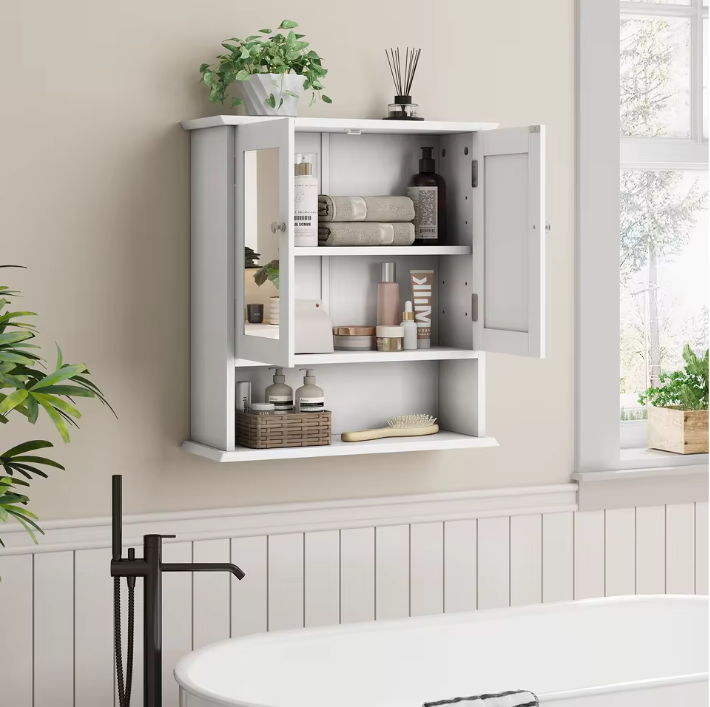 Witte Badkamerkast met Spiegel – Wandkast met Verstelbare Plank en Open Opbergvak