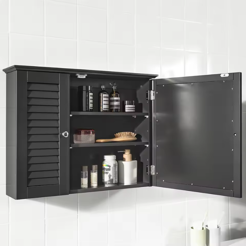 Hangende Badkamerkast met Spiegel – MDF, 5 Opbergniveaus en Lameldeur