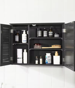 Hangende Badkamerkast met Spiegel – MDF, 5 Opbergniveaus en Lameldeur