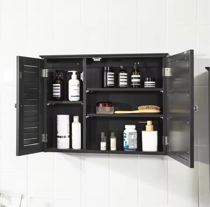 Hangende Badkamerkast met Spiegel – MDF, 5 Opbergniveaus en Lameldeur