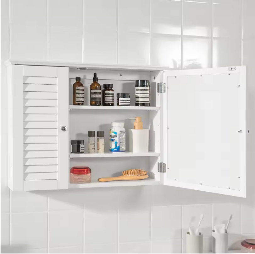 Hangende Badkamerkast met Spiegel – MDF, 5 Opbergniveaus en Lameldeur