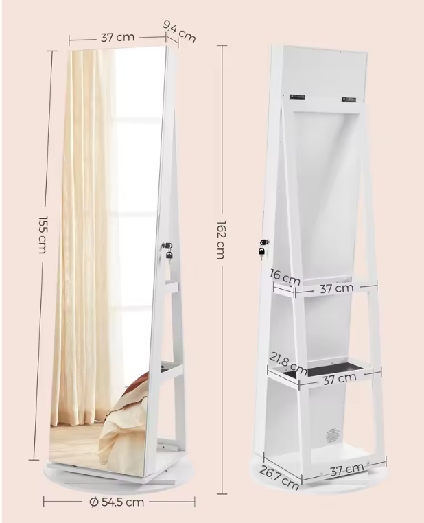 Draaibare Sieradenkast met Spiegel – LED, Slot en Veel Opbergruimte