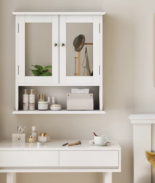 Witte Badkamerkast met Spiegel – Wandkast met Verstelbare Plank en Open Schap