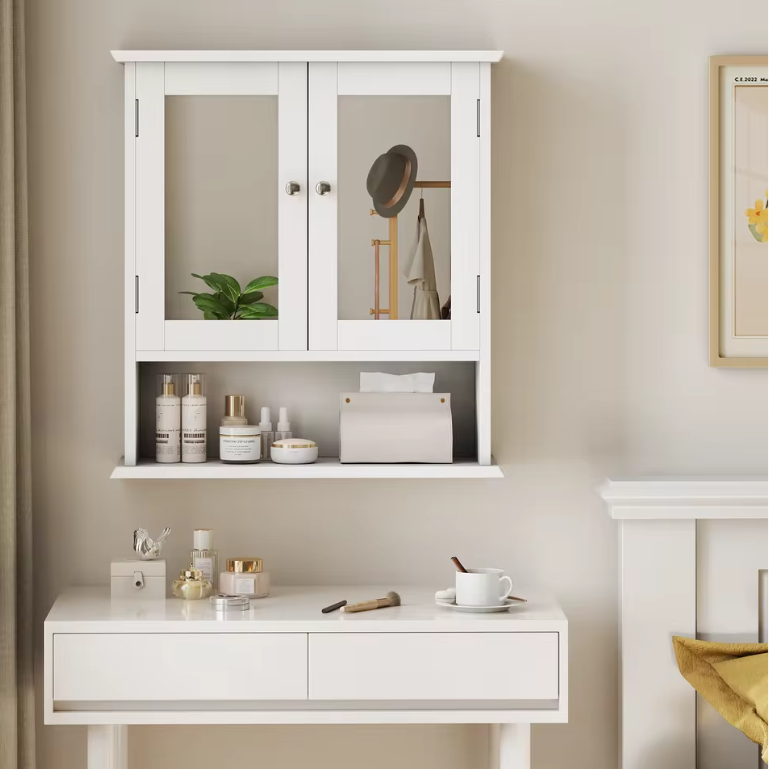 Witte Badkamerkast met Spiegel – Wandkast met Verstelbare Plank en Open Schap