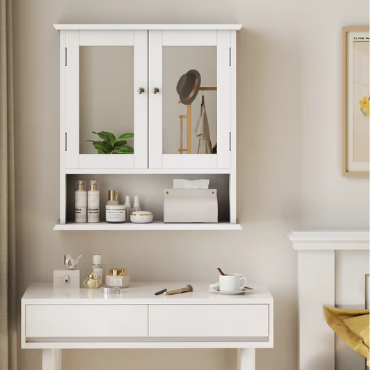 Witte Badkamerkast met Spiegel – Wandkast met Verstelbare Plank en Open Schap