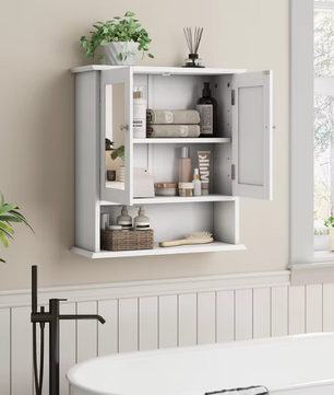 Witte Badkamerkast met Spiegel – Wandkast met Verstelbare Plank en Open Schap