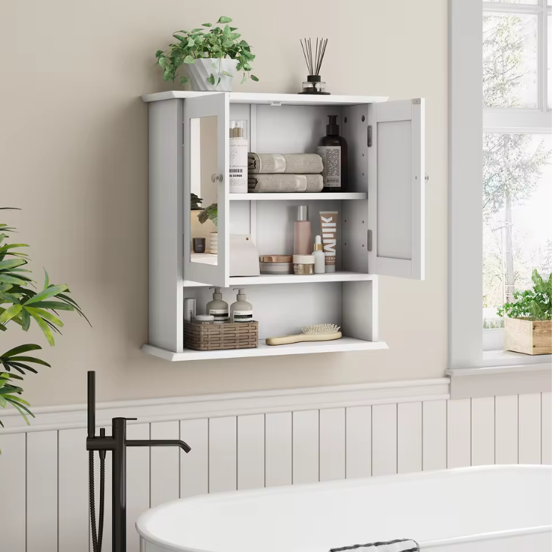 Witte Badkamerkast met Spiegel – Wandkast met Verstelbare Plank en Open Schap