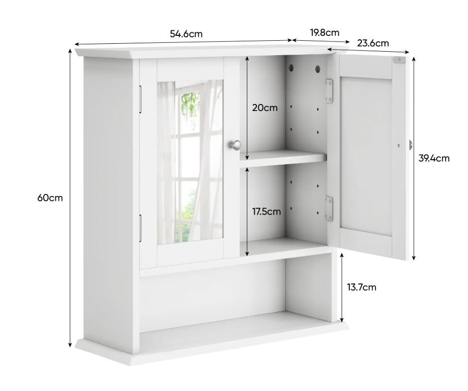 Witte Badkamerkast met Spiegel – Wandkast met Verstelbare Plank en Open Schap