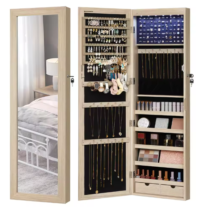 Sieradenkast met Spiegel – Wand- of Deurmontage, LED en Slot