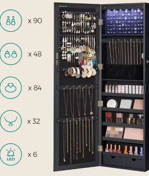 Sieradenkast met Spiegel – Wand- of Deurmontage, LED en Slot
